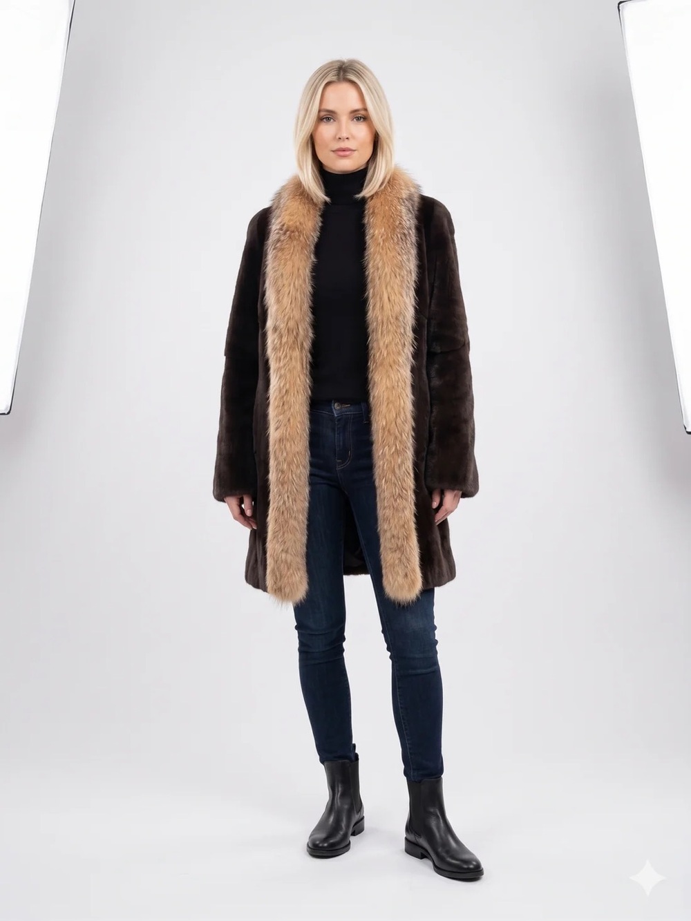 NWT Reversible Brown Dyed Plucked Mink Fur Coat w/ Finland Fox Tuxedo Collar Sml